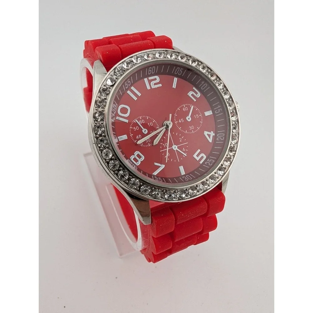 Darice Women's Watch 38mm Case Crystal Bezel Red Silicone Band- New Battery